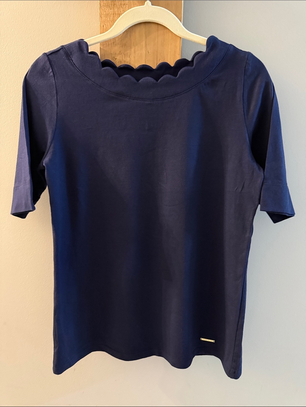 Anne Klein Navy Short Sleeve Top with Scallop Neckline, NWTs